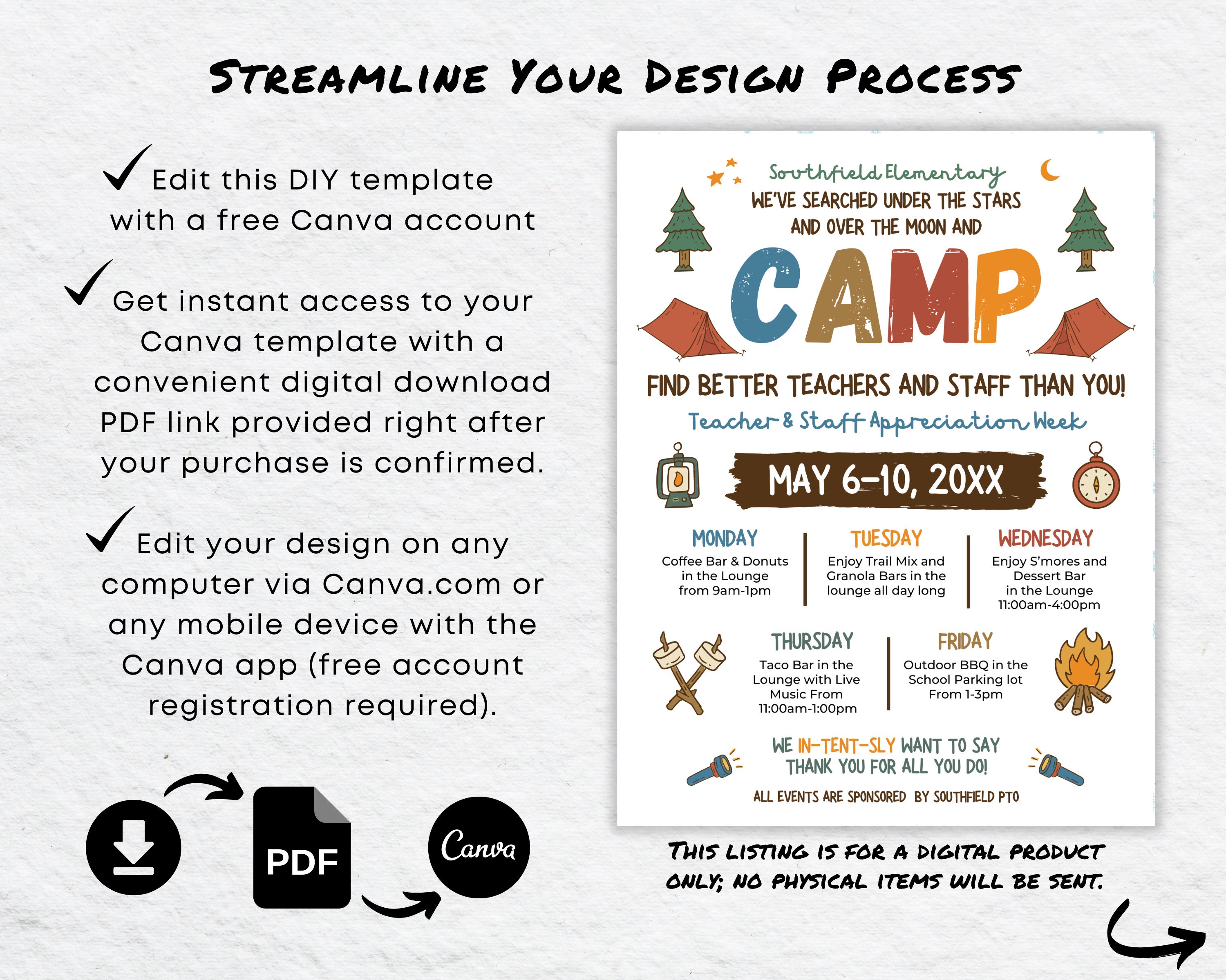 Editable Camp Theme Teacher & Staff Appreciation Day Camping Itinerary ...