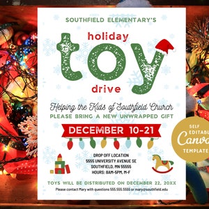 Editable Holiday Toy Drive Flyer, Christmas Fundraiser, Canva Template