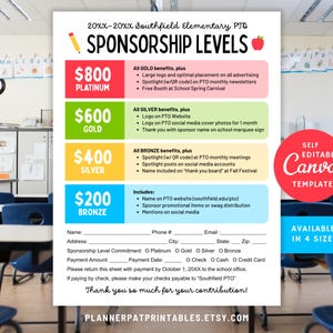 Editable School Sponsorship Levels Flyer: PTA PTO Sponsor Form (Canva Download)