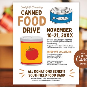 Editable Canned Food Drive Flyer | Canva Charity Food Collection Template | School, Church & Community Donation Poster