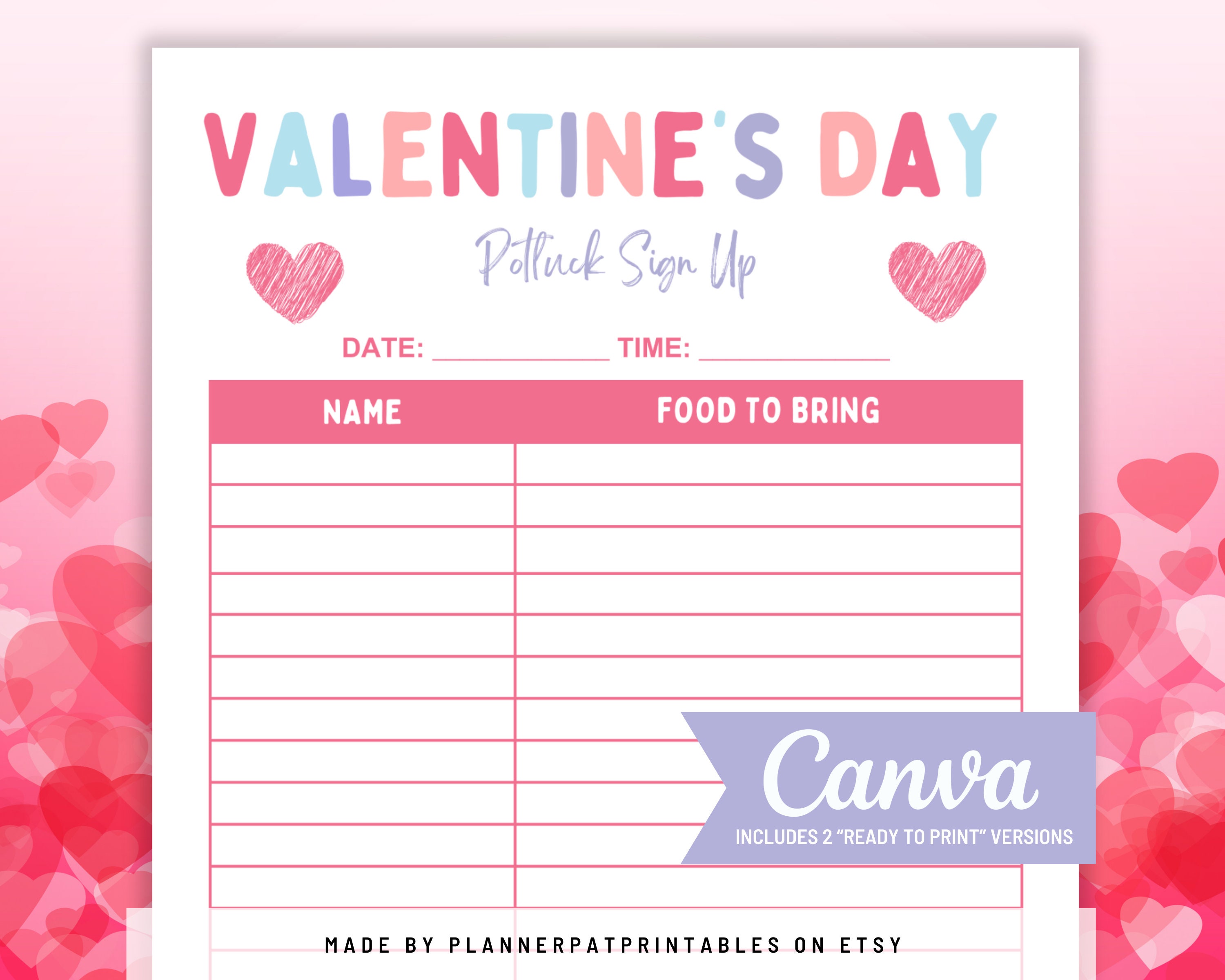 Valentine Day Potluck Sign up Sheet Printable, Galentine Party, Canva ...