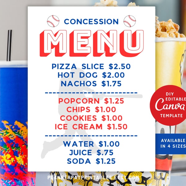 Editable Baseball Concession Menu Template, Concession Stand Sign, Canva