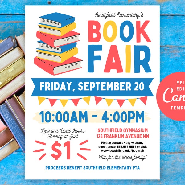 Editable Book Fair Flyer, School Fundraiser, Canva Template