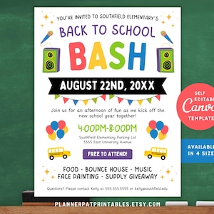 Op de afbeelding: Een kleurrijke, printbare flyer voor een "Back to School Bash" op Southfield Elementary. De flyer bevat afbeeldingen van een microfoon, een luidspreker en een schoolbus. Het evenement is gepland voor 22 augustus 20XX, van 16:00 tot 20:00 uur op de parkeerplaats van de school. De flyer vermeldt ook activiteiten zoals eten, springkussen, muziek, schminken en een giveaway van schoolspullen.