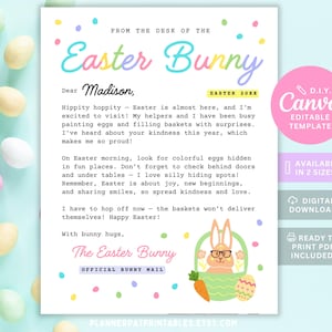 Könnte beinhalten: Eine druckbare Osterhasen-Briefvorlage in Pastellfarben. Der Brief ist an "Madison" adressiert und enthält eine Nachricht vom Osterhasen. Auf der rechten Seite befindet sich eine rosa Canva-Vorlagengrafik.