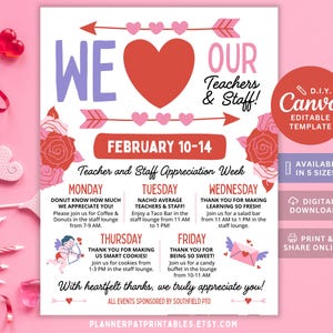 Puede incluir: Un folleto imprimible rosa y blanco para la Semana de Apreciación de Maestros y Personal, del 10 al 14 de febrero. El diseño incluye corazones, flechas y rosas, con detalles diarios de eventos como donas, tacos y galletas.