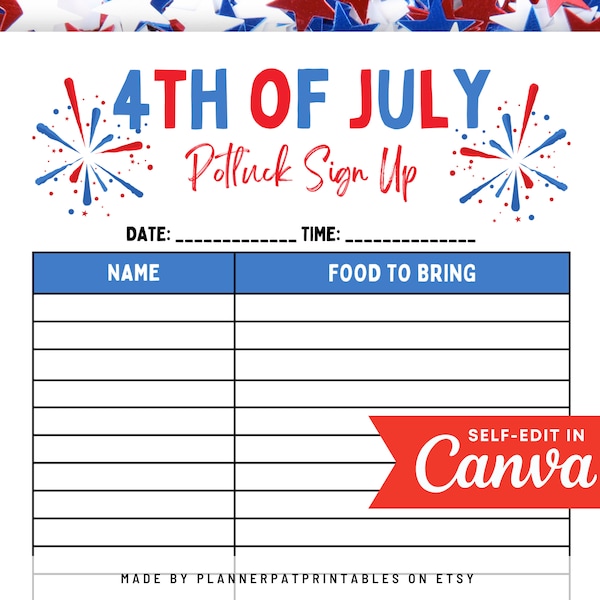 4th of July Potluck Sign Up Sheet Independence Day Template Printable Canva