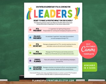 PTO PTA Election Positions Volunteer Board Member Flyer, Canva Editable Template