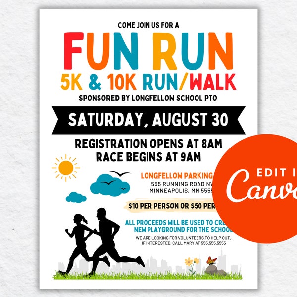 Fun Run Flyer Canva Modèle modifiable, 5k 10k Run & Walk Race Flyer