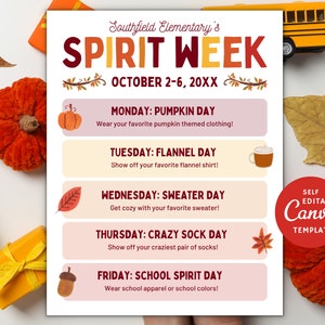 Editable Fall Spirit Week Flyer Template: School Event Schedule (Digital Download)