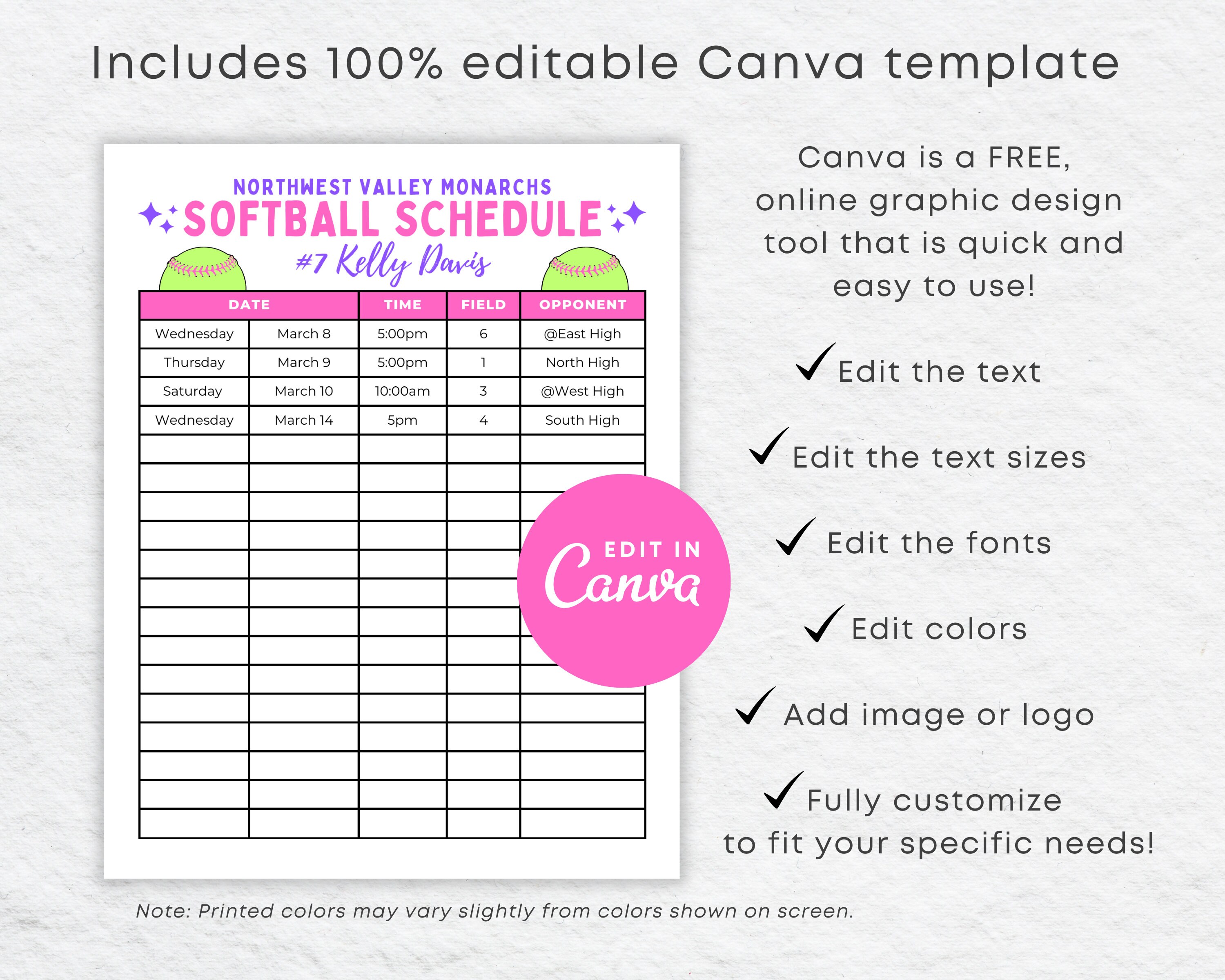 Softball Schedule Template Editable Girls Fastpitch Softball Etsy Softball Schedule Template Editable Girls Fastpitch Softball Etsy