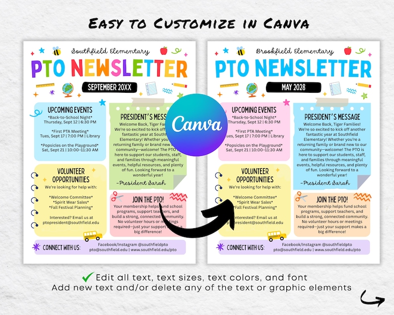 Editable PTO Newsletter Template: Canva PTA School Communication ...