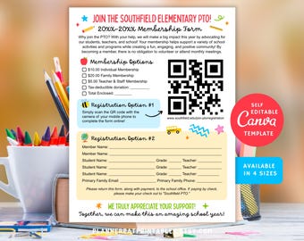 May include: A printable Southfield Elementary PTO membership form with options for individual, family, and staff memberships. Includes a QR code for online registration and fields for member and student information. Available in four sizes.