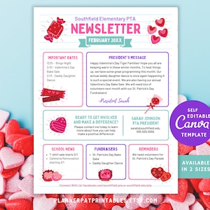 Plantilla editable de boletín informativo de febrero, Canva Valentines PTO PTA School News