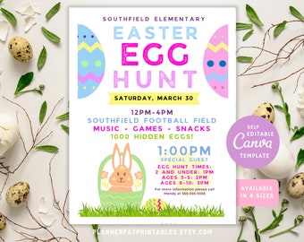 Editable Egg Hunt Flyer Printable, Church School Easter Event Canva Template