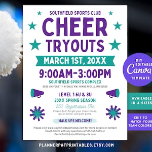 Editable Cheerleader Tryouts Flyer Canva Template, DIY Cheer Registration Printable