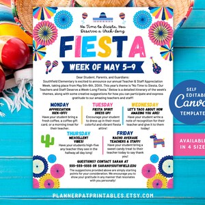 Editable Fiesta Theme Parent Newsletter Itinerary Flyer, Teacher & Staff Appreciation Student Take-Home Info Sheet Canva Template Printable