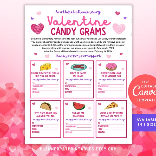 Modello modificabile di volantino Candy Gram di San Valentino, raccolta fondi Candy Gram, Canva