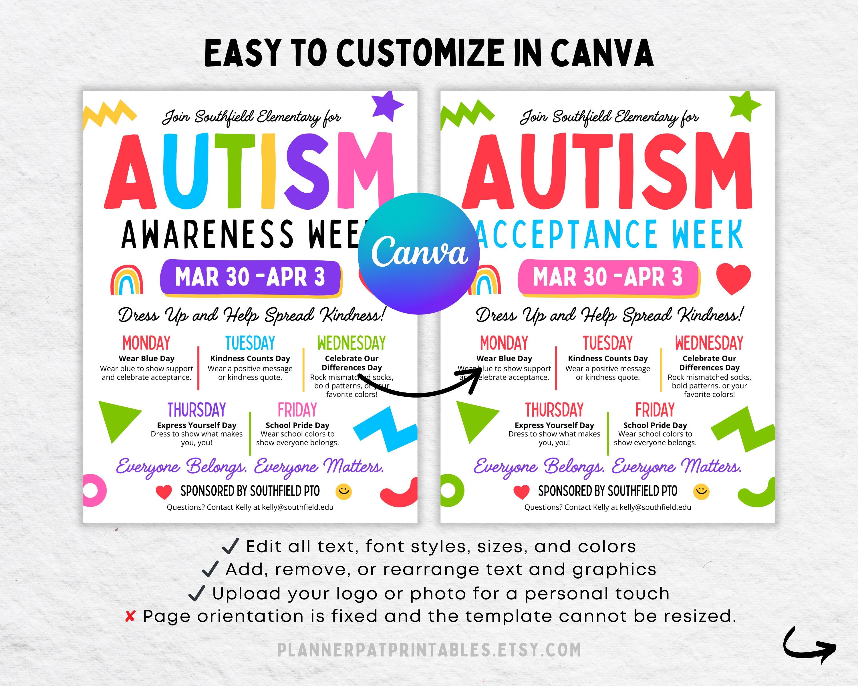 Autism Awareness Spirit Week Flyer Template: Editable School Event ...