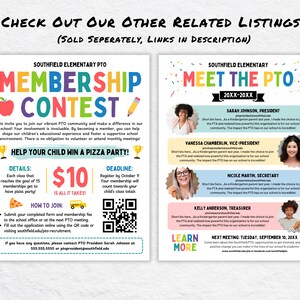May include: Two colorful flyers for Southfield Elementary PTO events. One announces a membership contest with details on how to join and win a pizza party. The other flyer says "Meet the PTO" and includes photos and bios of PTO members.
