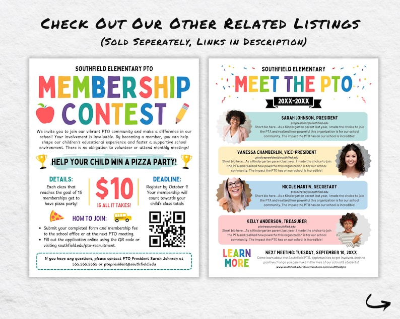 May include: Two colorful flyers for Southfield Elementary PTO events. One announces a membership contest with details on how to join and win a pizza party. The other flyer says "Meet the PTO" and includes photos and bios of PTO members.