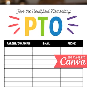 PTO Sign Up Sheet Editable Canva Template, Edit for PTA