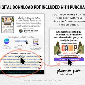 May include: Digital download PDF with instructions for a teacher appreciation flyer. The flyer template includes a camping theme with tents and trees. The text includes "CAMP" and "Learn a Lot!" with instructions on how to edit the template.