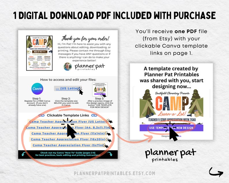 May include: Digital download PDF with instructions for a teacher appreciation flyer. The flyer template includes a camping theme with tents and trees. The text includes "CAMP" and "Learn a Lot!" with instructions on how to edit the template.