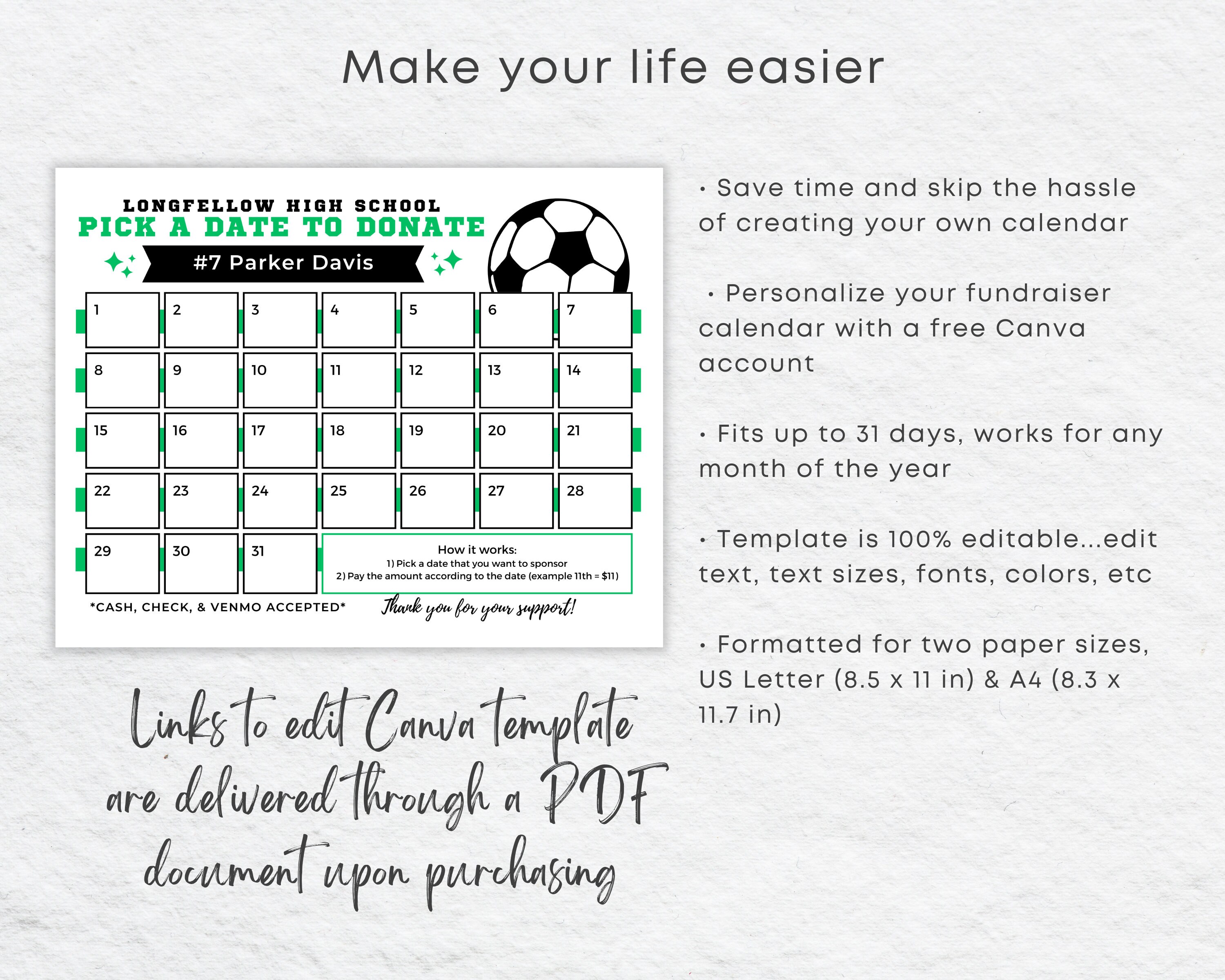 Editable Pick A Date To Donate Soccer Fundraiser Calendar 