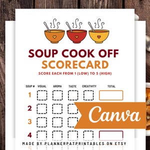 Fall Soup Cook Off Scorecard Printable For Soup Competition, Editable In Canva