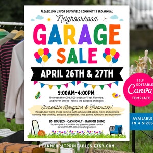 Flyer de vente de garage de quartier modifiable, imprimable pour une vente de garage communautaire, modèle Canva