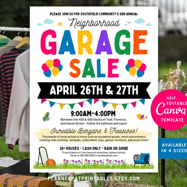 Neighborhood Garage Sale Flyer Editable Printable For Community Garage Sale, Canva