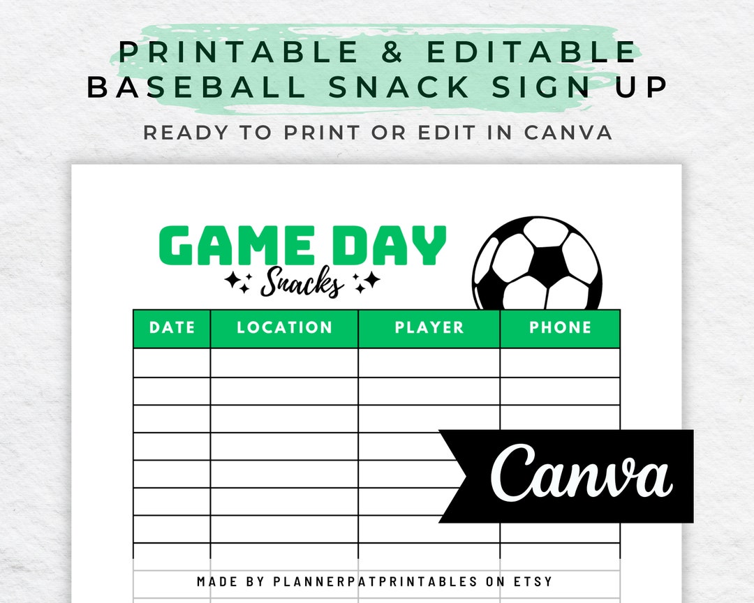 Soccer Snack Schedule Sign up Sheet Printable Editable DIY Canva Soccer Snack Schedule Sign up Sheet Printable Editable DIY Canva