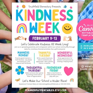 May include: A colorful poster for "Kindness Week" at Southfield Elementary, featuring a rainbow, smiley face, and hearts. The poster includes daily themes like "Manners Monday" and "Friendship Friday," with the text "Let's Make Our School a Kinder Place!"