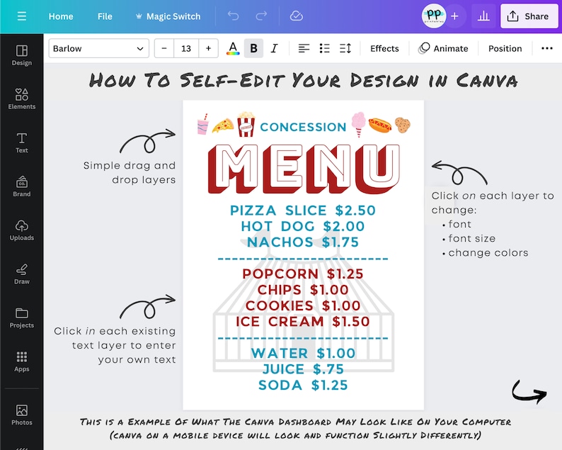 Editable Carnival Concession Stand Menu Template: Printable Sign (canva ...