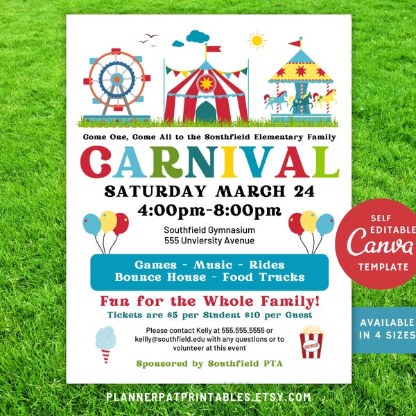 Editable Spring Carnival Flyer Printable, School Carnival Invite, Canva Template