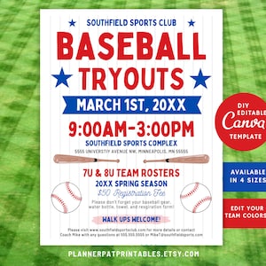 DIY Baseball Tryout Flyer Editable Template, Sports Training Event, Canva