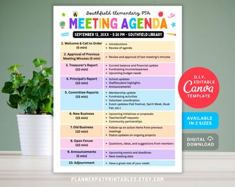 Peut inclure: Un modèle d'ordre du jour de réunion coloré pour Southfield Elementary PJA, avec un programme détaillé incluant des sujets comme le rapport du trésorier et les nouveaux sujets. Le design inclut un modèle Canva et est disponible en deux tailles.