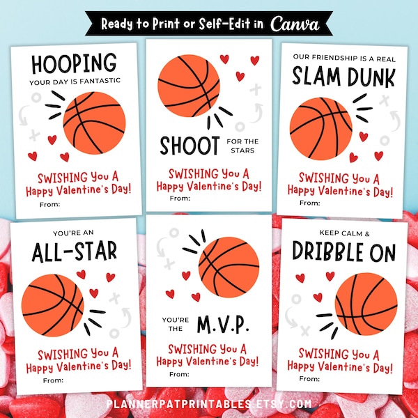 Printable Basketball Valentine Cards, Kids Classroom Valentines Day Card