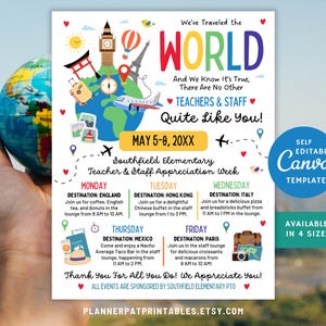 International Theme Teacher Appreciation Week Itinerary Flyer (Canva Template)