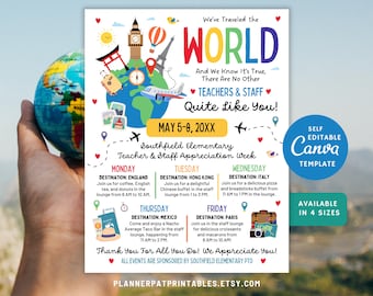 Editable International Theme Teacher & Staff Appreciation Around the World Travel Itinerary Flyer Canva Template Event Schedule Printable