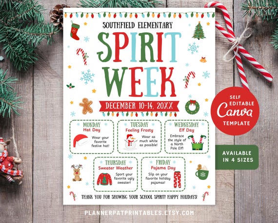 Christmas Spirit Week Itinerary Flyer, Editable Holiday Dress up (canva  Template)