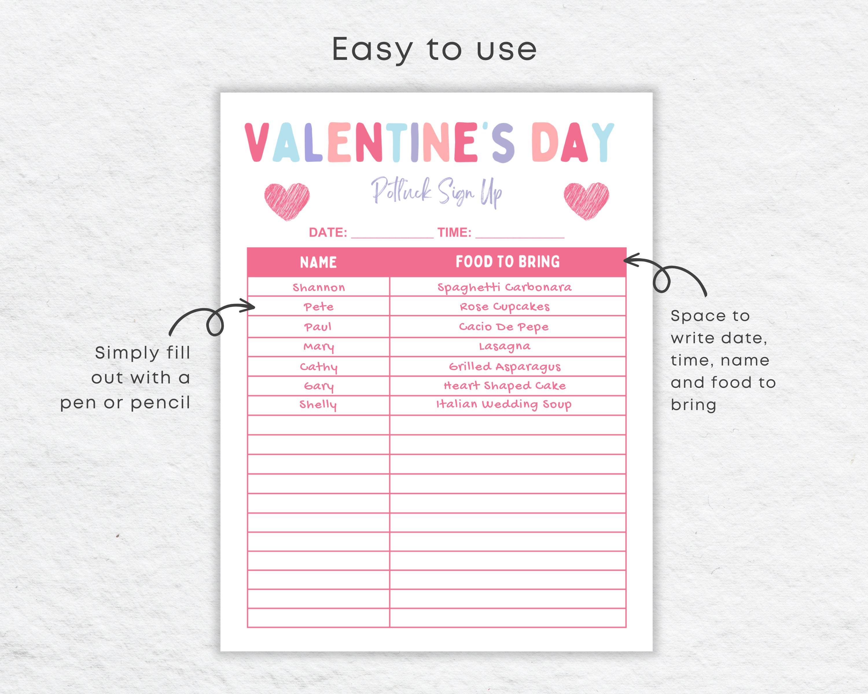 Valentine Day Potluck Sign up Sheet Printable, Galentine Party, Canva ...