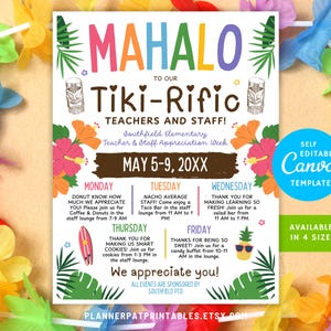Editable Hawaiian Luau Theme Teacher & Staff Appreciation Theme Tropical Itinerary Flyer Canva Template Mahalo Printable Poster