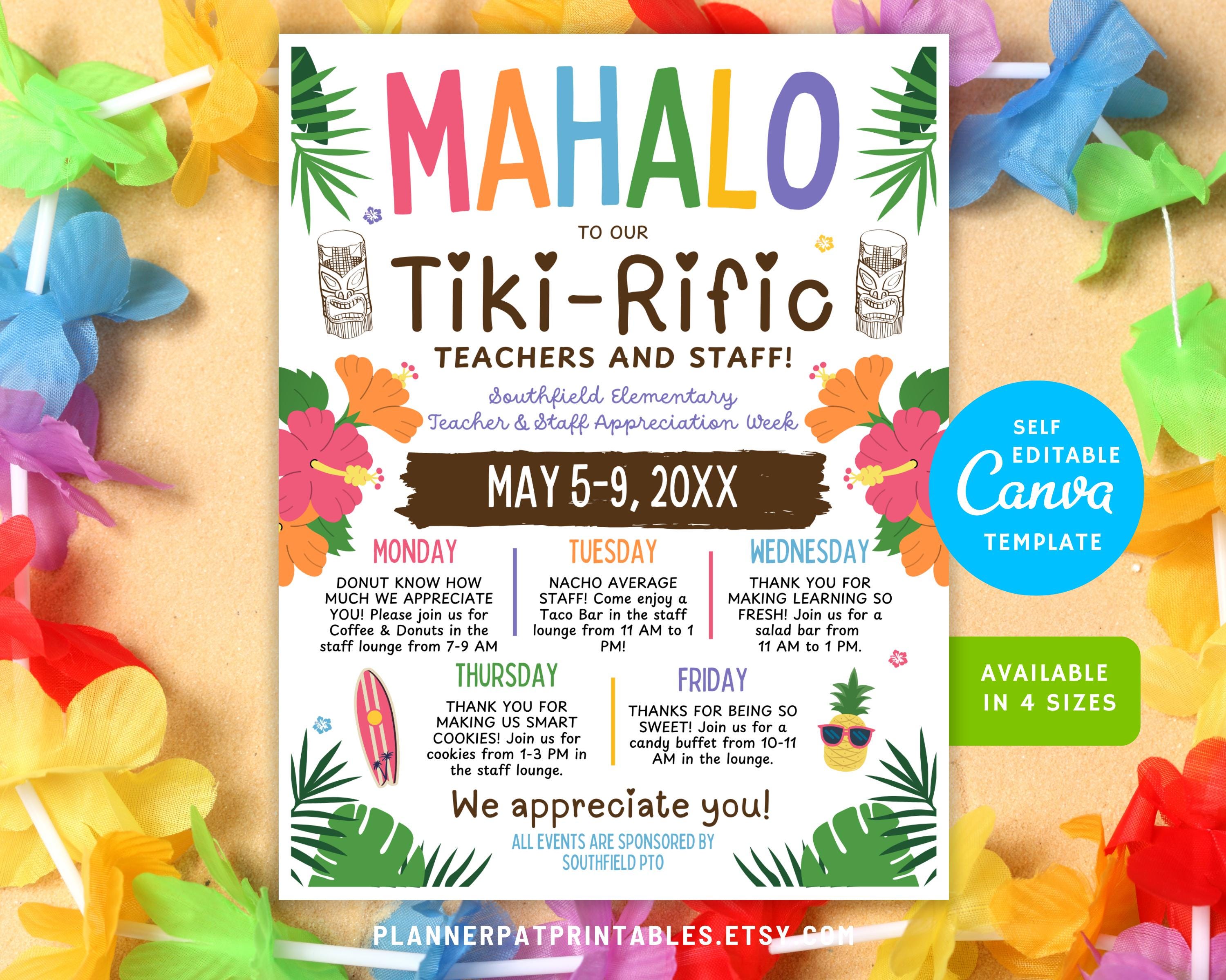 Editable Hawaiian Luau Theme Teacher & Staff Appreciation Theme Tropical Itinerary Flyer Canva Template Mahalo Printable Poster