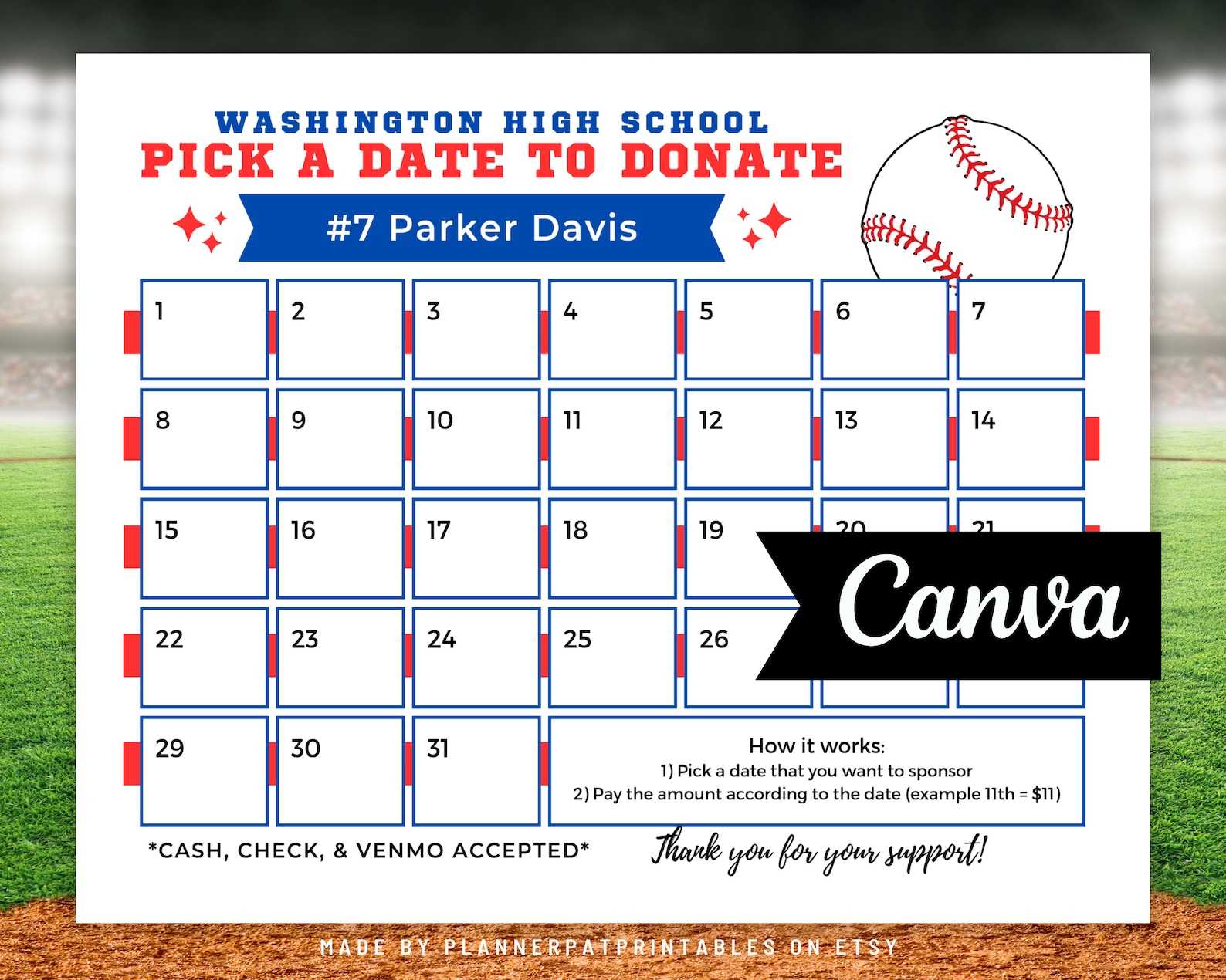 Editable Baseball Fundraiser Calendar Template for Pick A Date Etsy