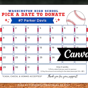 Editable Baseball Calendar Pick A Date To Donate Fundraiser Tracker Canva Template Sponsor  Printable