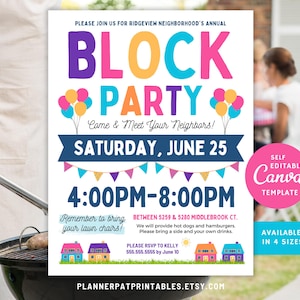 Block Party Flyer Editable Template for Neighborhood BBQ Party, Canva Printable