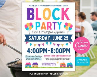 Block Party Flyer Editable Template for Neighborhood BBQ Party, Canva Printable