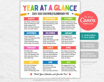 PTA PTO Year at a Glance Flyer Template, Editable School Calendar of Events Canva